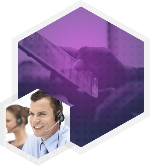 Purple hexagon with hand using a tablet device. Hexagon with a graphic showing two customer service employees.