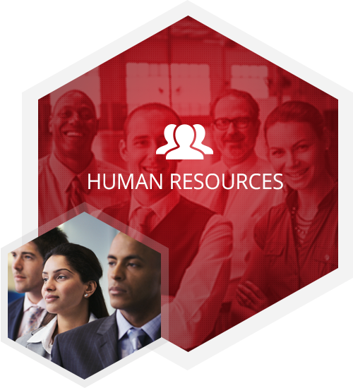 Human Resources Graphic. Red hexagon. Employees smiling together for a picture. Hexagon graphic employees looking off camera.