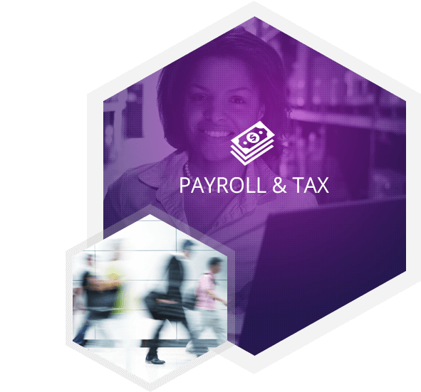 Payroll & Tax Module Graphic. Purple hexagon with female employee, graphic hexagon with employees walking by.