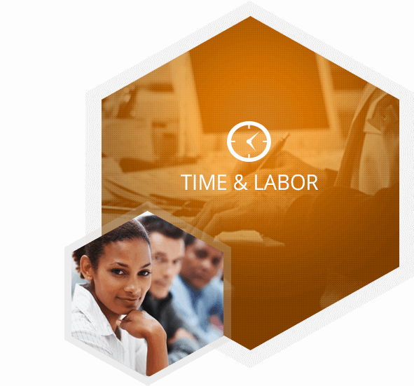 Time and labor graphic. Yellow hexagon with employee hands working at a desk.
